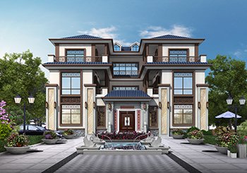 高端大氣的三層新中式合院別墅設(shè)計(jì)圖紙及外觀效果圖