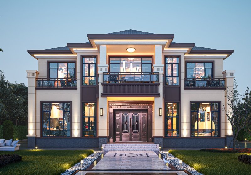 二層復(fù)式農(nóng)村豪宅別墅設(shè)計(jì)圖，挑空客廳旋轉(zhuǎn)樓梯高級感十足