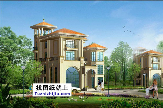高檔四層帶塔樓歐式別墅設計圖紙