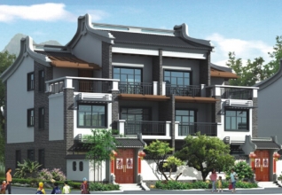 徽派新農村三層雙拼別墅效果圖及施工圖，18x12米