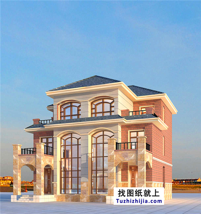 175平方米歐式三層雙拼別墅設計施工圖紙及效果圖，12x13米