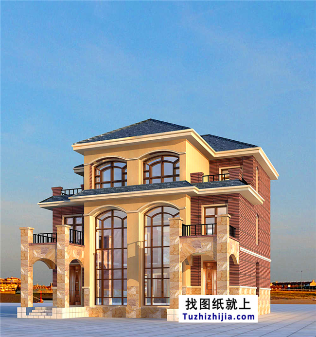 175平方米歐式三層雙拼別墅設計施工圖紙及效果圖，12x13米