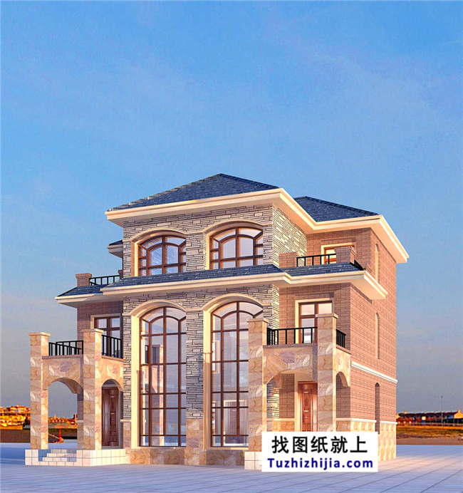 175平方米歐式三層雙拼別墅設計施工圖紙及效果圖，12x13米