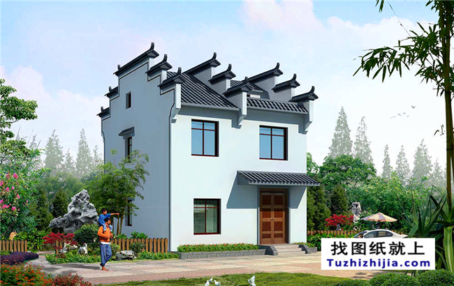 造價：15萬,農村徽派風格三層自建別墅設計圖,8X11米90平方米