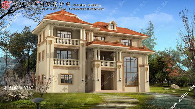 農村自建豪華三層歐式別墅效果圖，自帶觀景平臺+老虎窗