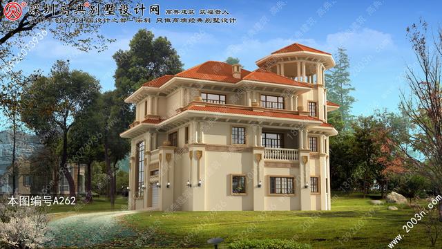 農村自建豪華三層歐式別墅效果圖，自帶觀景平臺+老虎窗