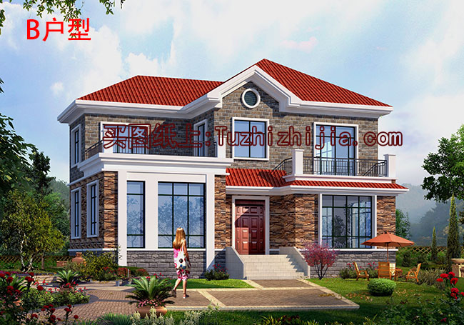 地中海風格二層別墅房屋設計圖,帶外觀效果圖