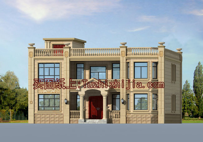 氣派美觀的平頂別墅房屋設計方案圖，屋頂帶涼亭