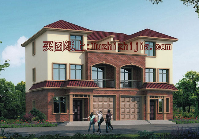 戶型經(jīng)典的 鄉(xiāng)村雙拼別墅房屋設(shè)計圖，帶外觀效果圖片