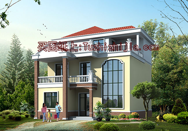 客廳中空三層復式別墅房屋設計圖,帶外觀效果圖