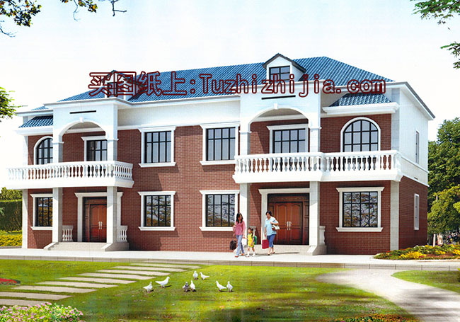 帶閣樓兩層半雙拼別墅房屋設(shè)計圖，帶外觀效果圖