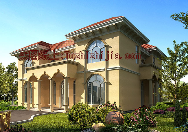 戶型獨特的、二層臥室挑高的別墅房屋設計圖，外觀簡歐風格