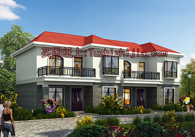 經(jīng)典小戶型雙拼二層新農(nóng)村房屋住宅設(shè)計圖，含效果圖