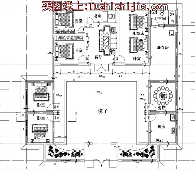 一層中式四合院別墅設(shè)計(jì)方案圖，含外觀效果圖