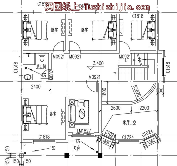 130平方米復式三層別墅房屋設計圖,含外觀效果圖
