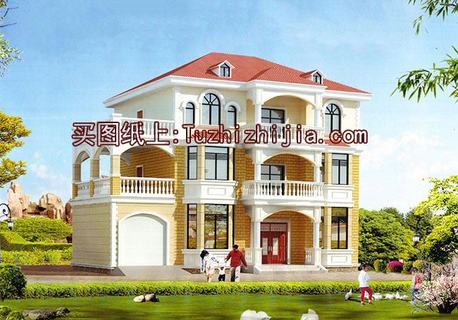 戶型好的三層帶獨(dú)立車庫的樓房設(shè)計(jì)圖，含外觀效果圖