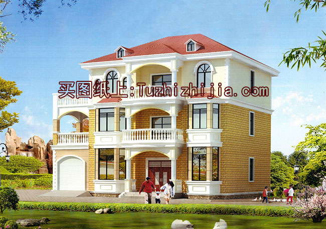 戶型好的三層帶獨(dú)立車庫的樓房設(shè)計(jì)圖，含外觀效果圖