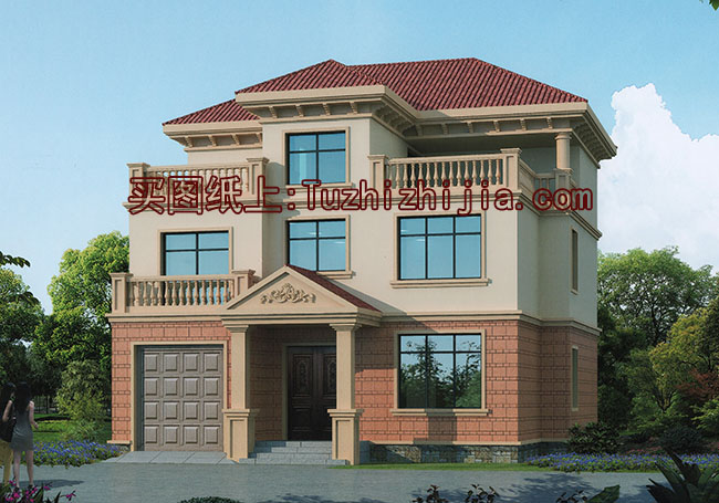 農村三層帶露臺、帶車庫房屋設計圖,含外觀圖片