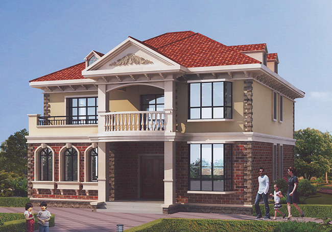 140平二層帶閣樓別墅設計方案圖,外觀圖片色彩明快