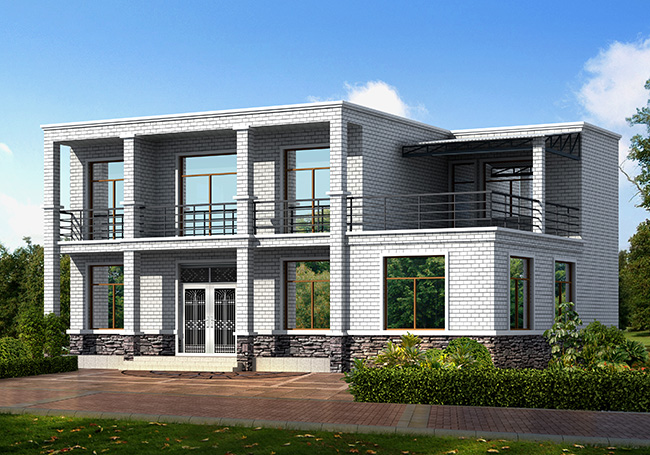 簡單農村二層平屋頂房屋設計圖，外觀簡潔、大方