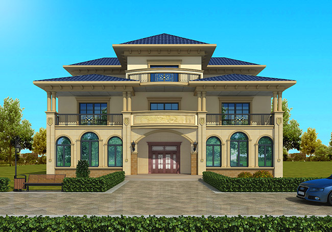 左右對稱的歐式高端三層別墅設計圖,外觀氣派、豪華