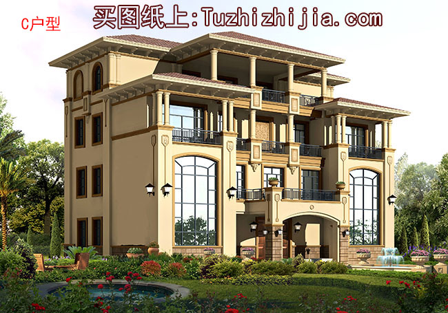 帶電梯高端四層別墅房屋設(shè)計(jì)圖，外觀圖大氣、上檔次