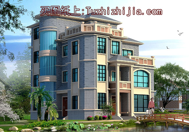 高端歐式四層別墅房屋施工圖紙及效果圖,圓弧大窗