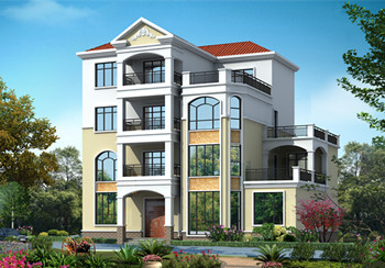 四層豪華簡歐風格的自建房屋造型，客廳中空，旋轉樓梯，二三四層都帶有露臺