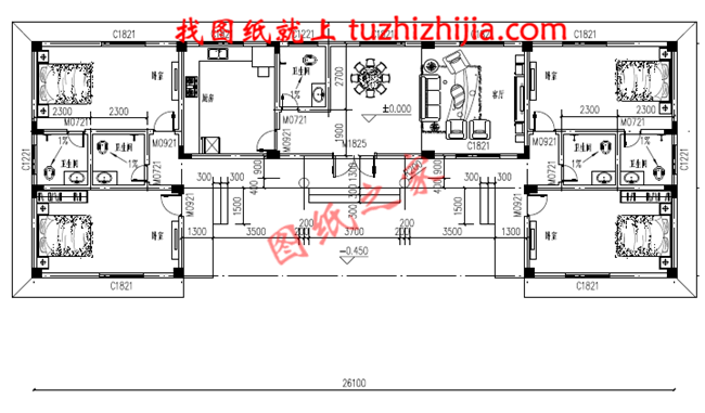 一層三合院自建房屋設計的圖紙,建筑面積200平米左右