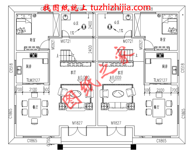 兄弟雙拼三層小別墅圖紙，占地210平米，單戶105平米，客廳中空