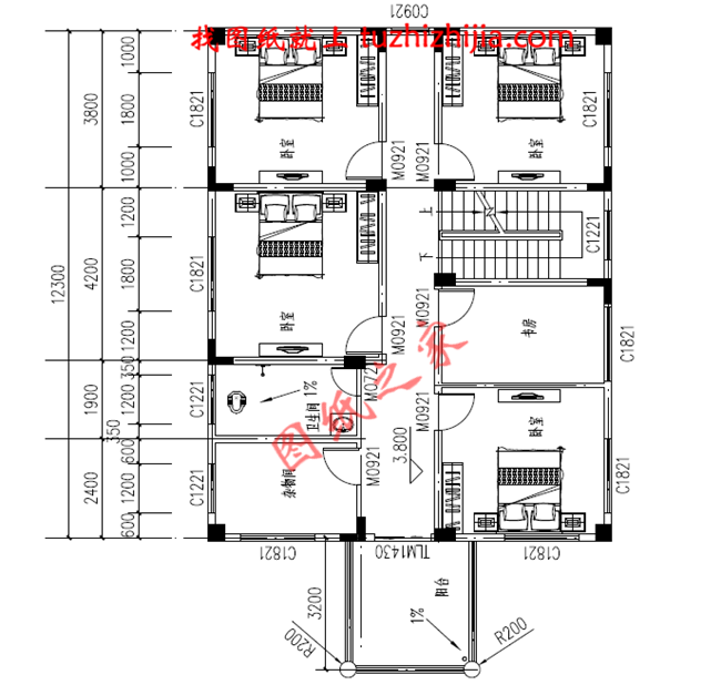 120平米簡單實用型農(nóng)村小別墅設(shè)計圖，二層屋頂為全露臺，小開間，長進深
