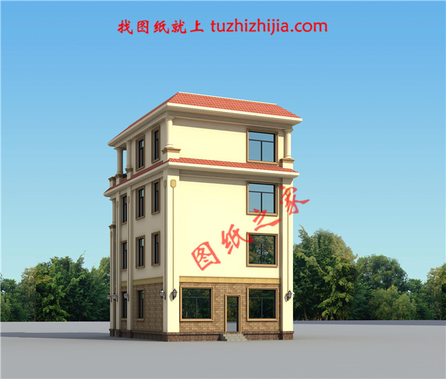 8.5×12米四層歐式房屋設(shè)計圖紙,占地100平,落地窗中嵌入了雕花