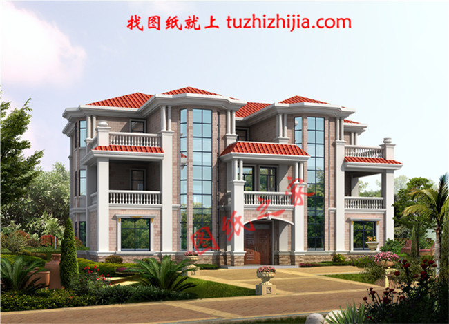 三層兄弟雙拼別墅設計圖，外觀大氣漂亮，顏色搭配協調，一層為公用客廳