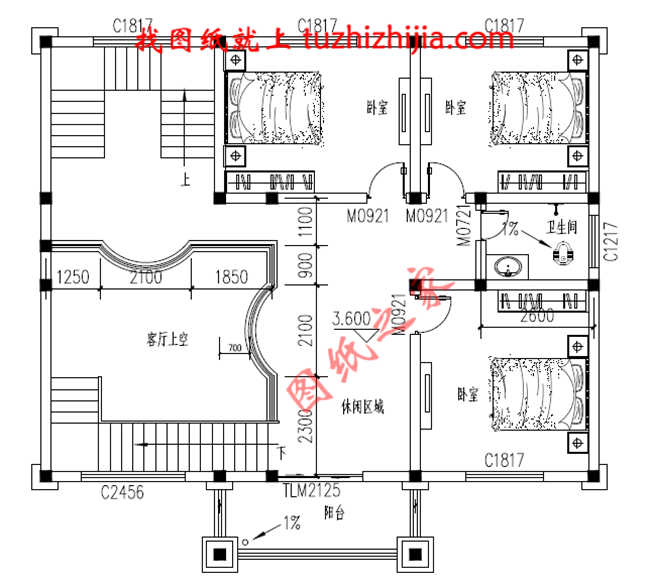 三層自建別墅設計圖紙，復式結構客廳中空極大的增加了客廳的開闊度