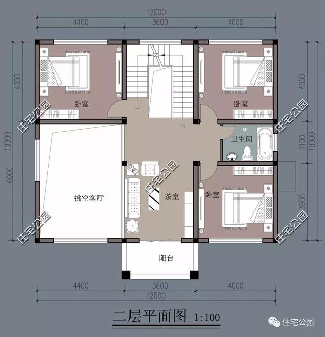 12X12米農村簡歐三層樓房設計圖，挑空客廳