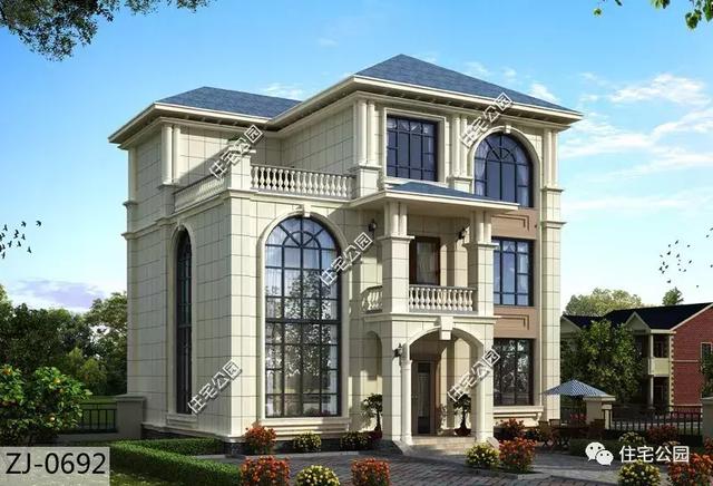 12X12米農村簡歐三層樓房設計圖，挑空客廳