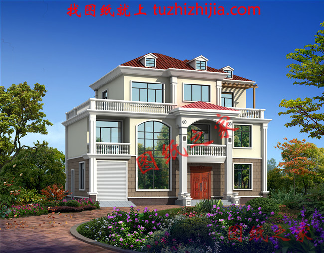 農村4間3層樓房設計圖，帶車庫，挑空客廳，坡屋頂