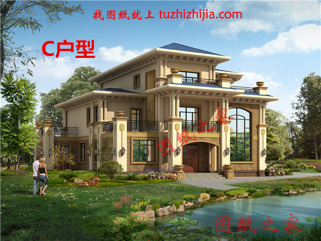 豪華農(nóng)村帶露臺三層樓房別墅設(shè)計圖紙，占地200平方米左右