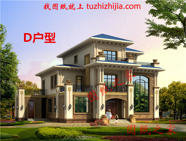 歐式三層樓房設計圖,客廳中空,旋轉樓梯,帶土灶房