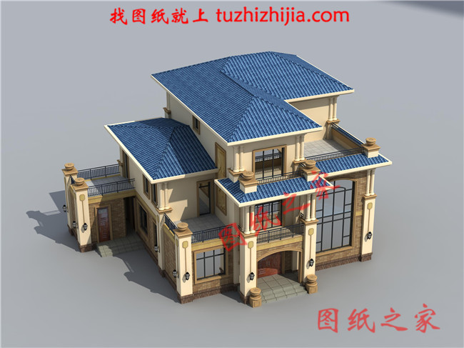 歐式三層樓房設計圖,客廳中空,旋轉樓梯,帶土灶房