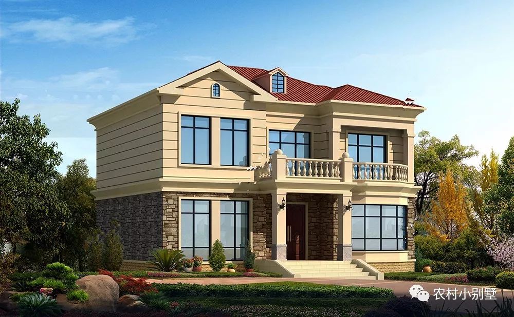 12*11米美式雙層農村別墅設計方案圖，落地采光窗+坡屋頂