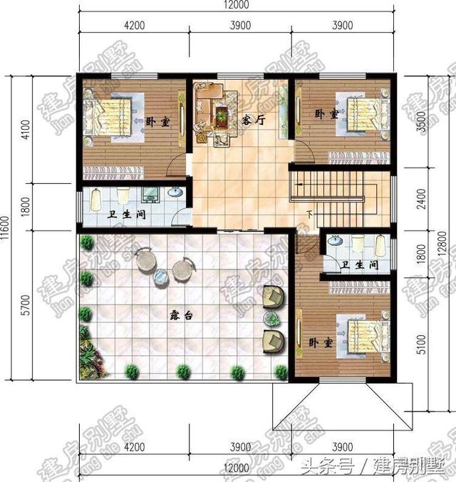 12米x12.8米三層別墅圖紙，還沒建就跟姐姐搶二樓主臥室了