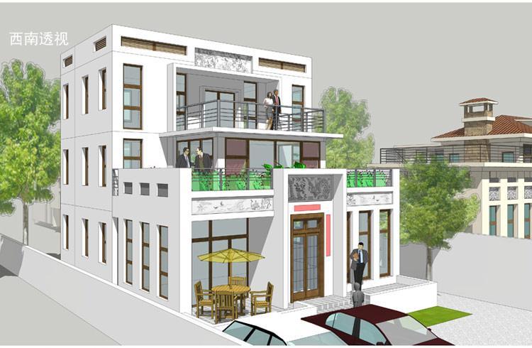 [房先生]三層對稱自建房別墅圖紙 現代中式帶陽光房大露臺