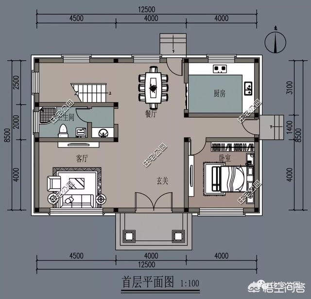 進深8.5米，開間12米，帶堂屋的樓房設計圖怎么做？