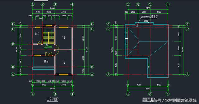 8.64米X10.43米三層新農(nóng)村住房設(shè)計(jì)圖，占地90平方米左右