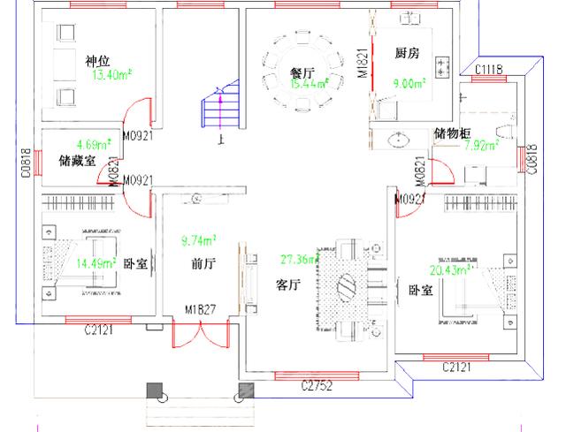 16×12米5室2廳帶神位茶室二層復式自建房設計方案圖