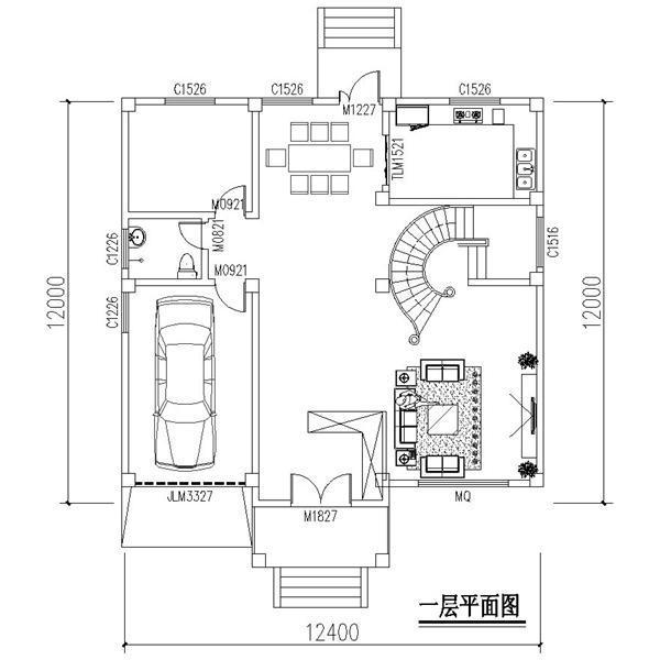 農村別墅設計圖，車庫入戶，方正戶型12X12.4米！含建筑圖