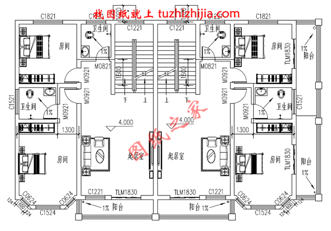 2018新農村三層雙拼房屋設計圖紙平面圖與效果圖,帶堂屋