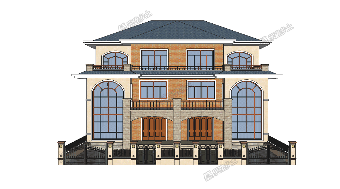 17x15米三層簡歐雙拼別墅，前后院布置滿足室外活動需求