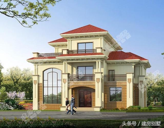 16.1×14.4米三層農村豪華別墅，客廳挑空還有旋轉樓梯